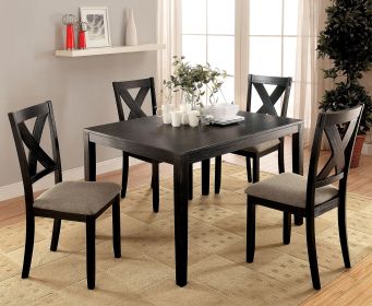 Brushed Black Solid wood 5pc Dining Set Table And 4x Chairs Brown Fabric Cushions Seats X-Cross Back Design Chairs Dining Room