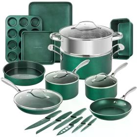 Non Stick Pots for Cooking Set of Kitchen Pots Dishwasher Safe Emerald Green Diamond Coated Nonstick Cookware With Lids Sets Bar (Color: 21 Pc - Emerald Gree)